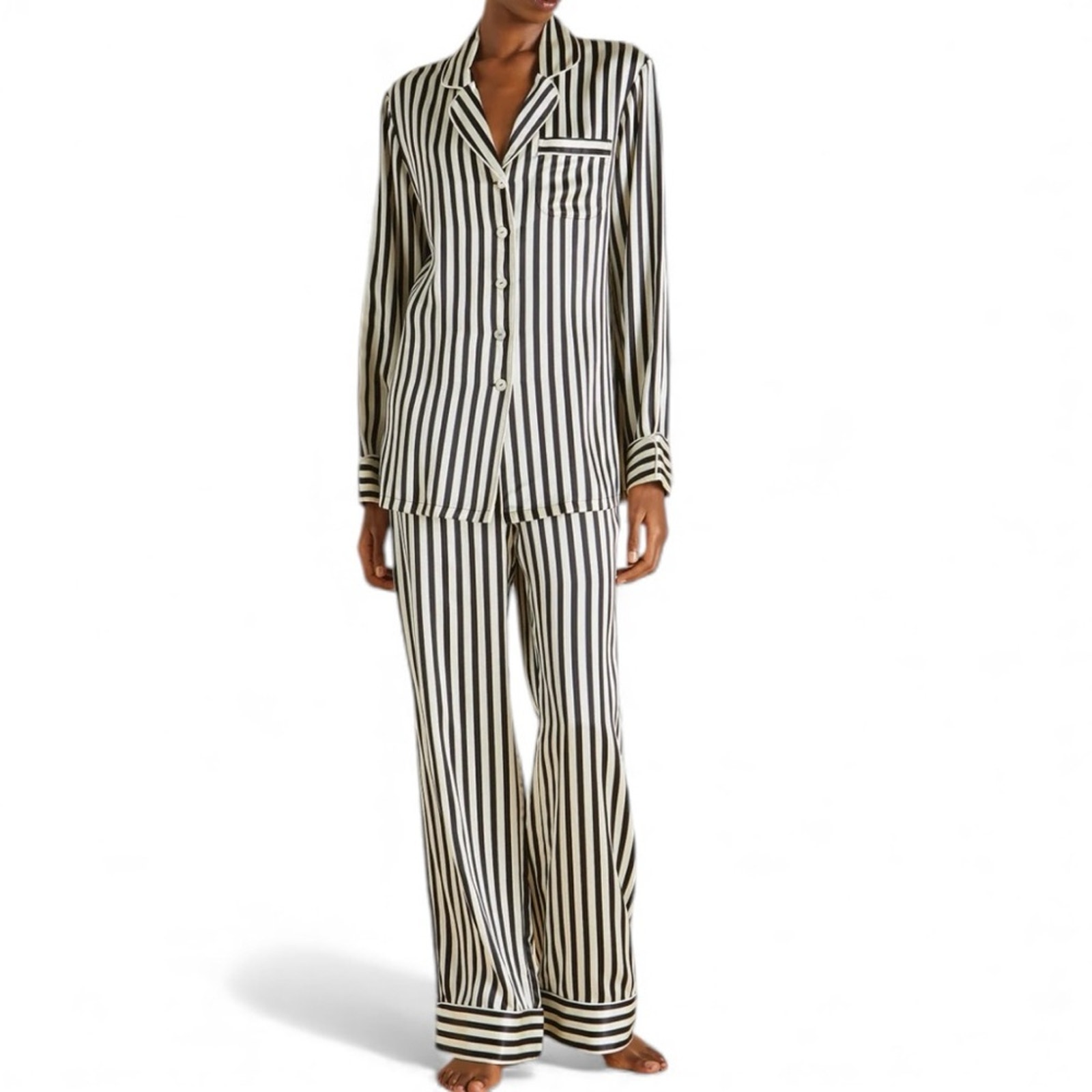 Olivia Von Halle Lila Nika Striped Silk Satin Pajama Set Size Xs Black & Ivory